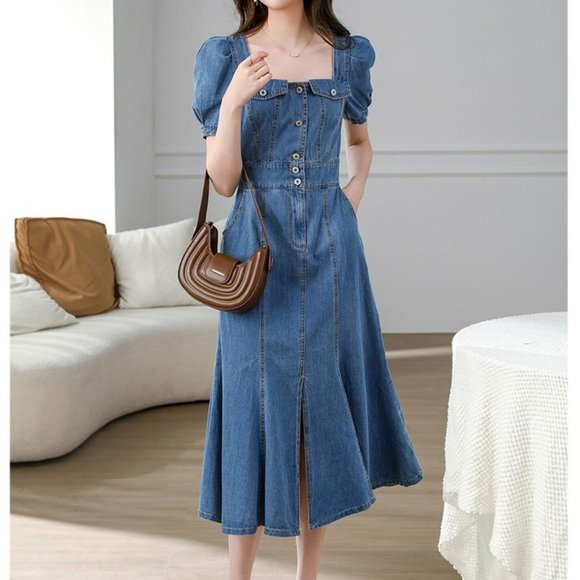 【美品】herliptoPuff Sleeve Midi Dress Denim Denim Puff Sleeve Midi Dress | Gap Factory